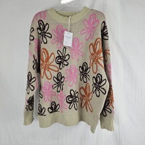 Andthewhy Scallop Edge Floral Print Sweater Women's  Plus Size 1X/2X Tan Floral